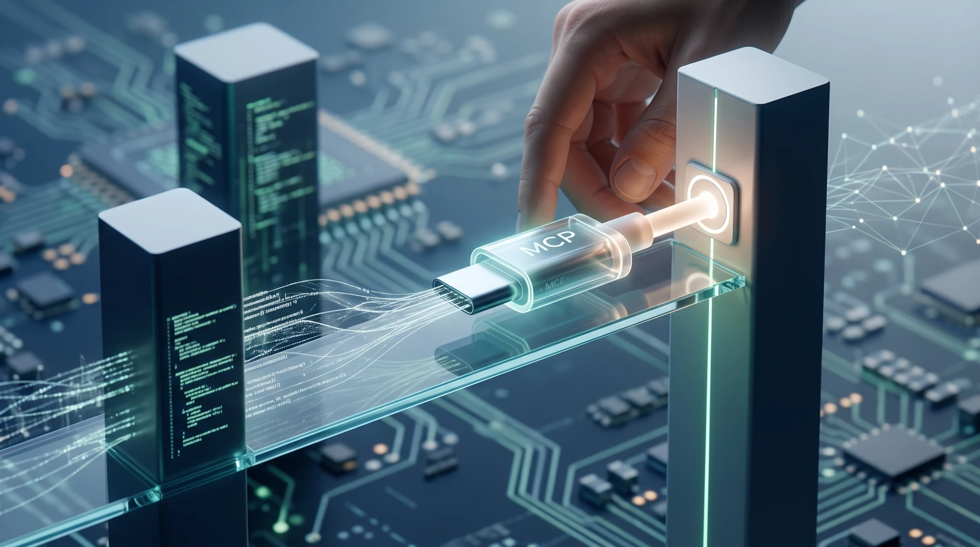 Model Context Protocol (MCP) ile yapay zeka ajanlarının sistem entegrasyonunu simgeleyen minimalist teknik görsel.